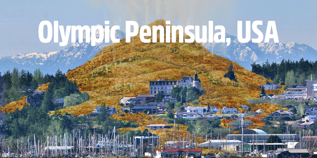 A picture of the Olympic Mountains showing a mountain of food waste on top of it.