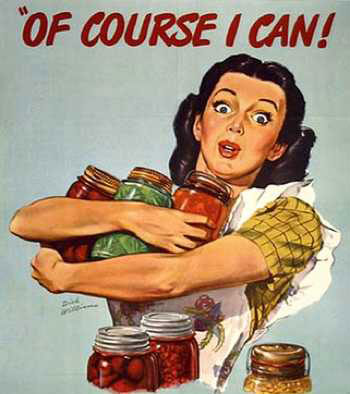 "Of course I can!" with a vintage drawing of a lady in apron balancing canning jars.