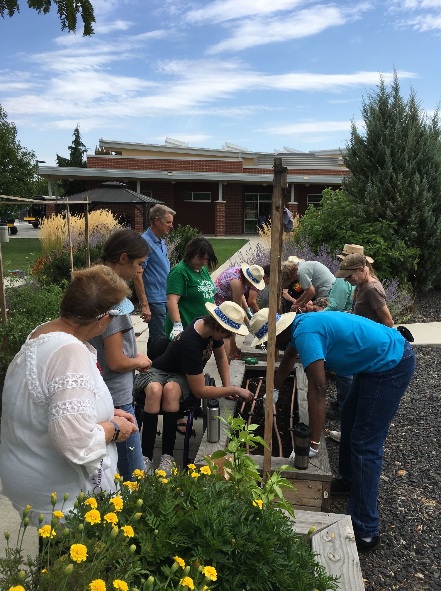 Master Gardener volunteers teaching adults and youth how to plant seeds in raised garden bed