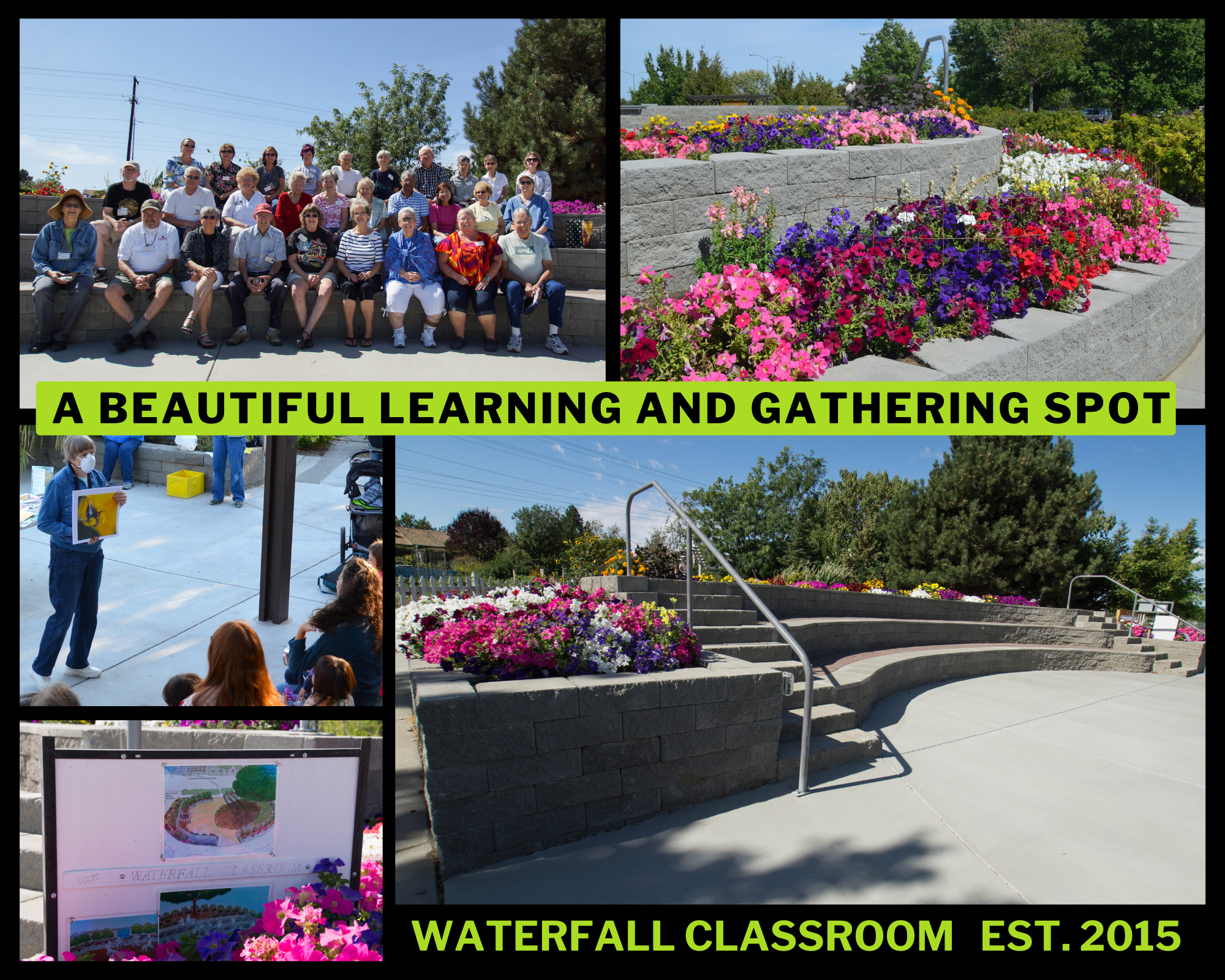 finished waterfall classroom with team that helped create it