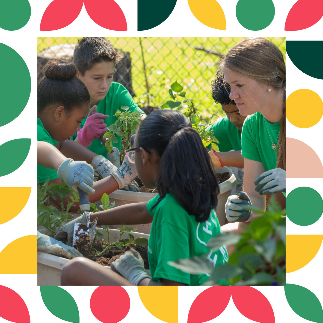 Group of 4-H youth learning gardening while providing community service project