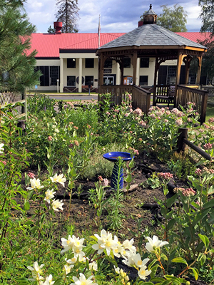 A gazebo in a garden.