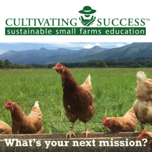 photo of chickens sitting on a fence with a pasture in the background and cultivating success logo