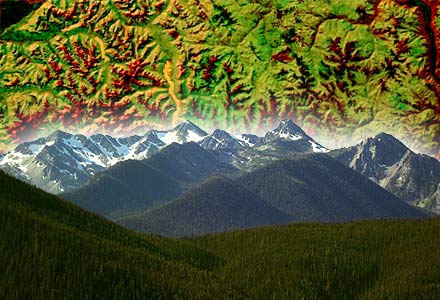 Composite of a mountain range and a map of mountains