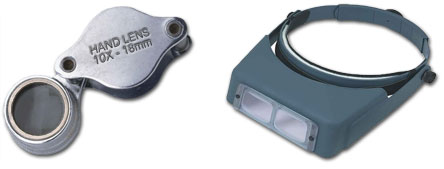 Magnifying Hand Lens (10X power) or an OptiVisor (3.5X power)