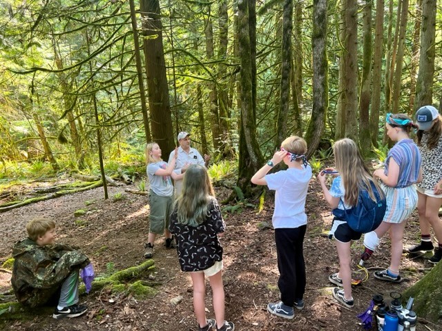 Students standing in the forest watch the person talking