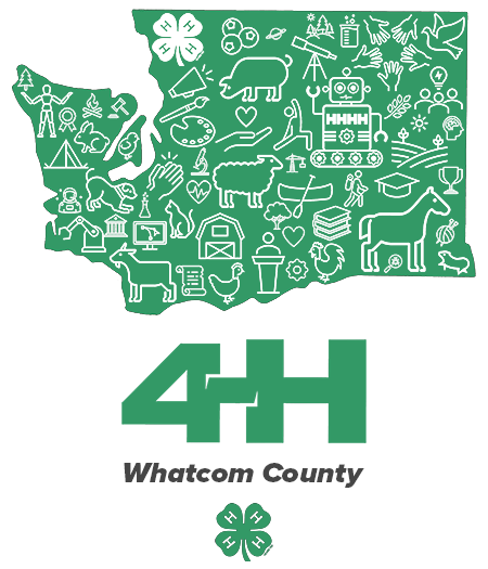 Shape of Washington State filled with icons representing programs of 4-H. 4-H Whatcom County. 4-H Clover