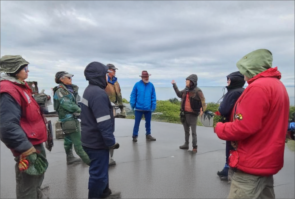 Depiction of a Group of adults, outside, talking near the shore