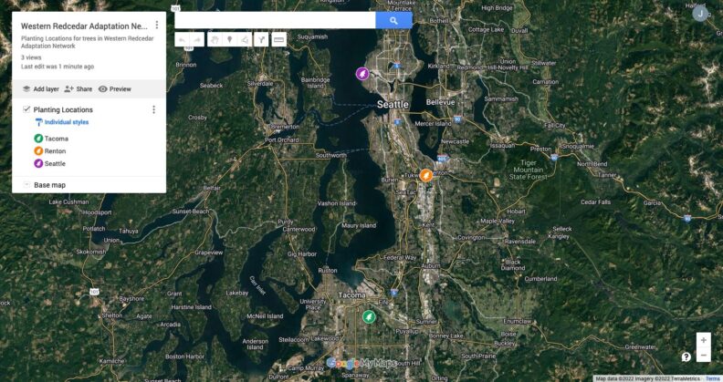Open Redcedar Adaptation Network Planting Locations Map