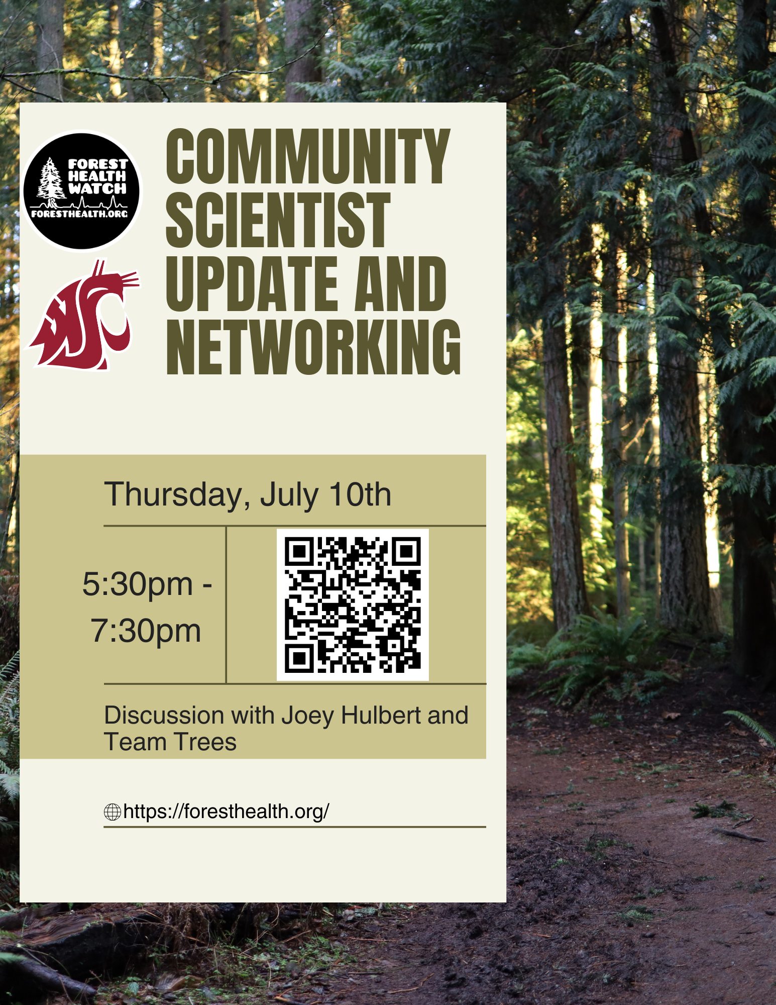 Community Scientist Update and Networking on July 10th, 2025 at 5:30pm-7:30pm. QR link to zoom on flyer.