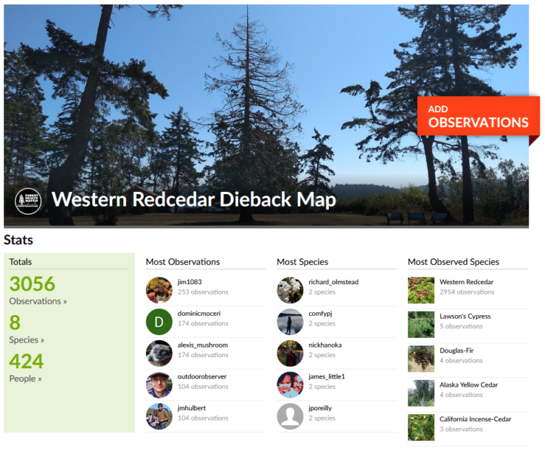 Western Redcedar Dieback Map iNaturalist homepage