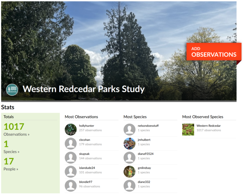 Western Redcedar Parks Study iNaturalist page