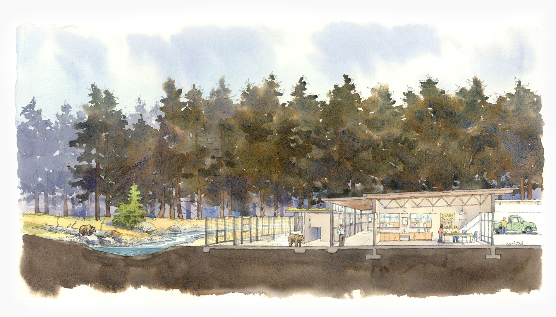 Watercolor and sketch of a future bear center.
