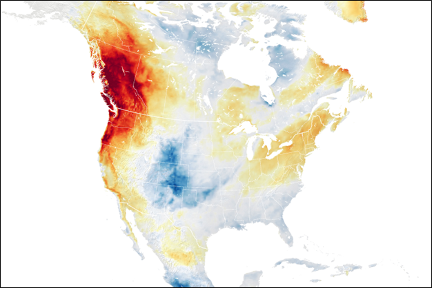 Temperature sensors showcase a hot spot during a heat dome high presure in the Pacific Northwest and western British Columbia