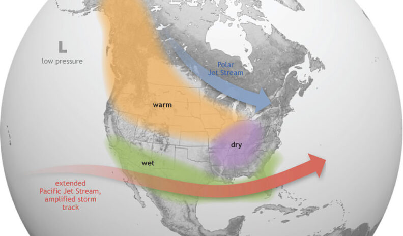 A map of North America showing the weather patterns of El Nino.