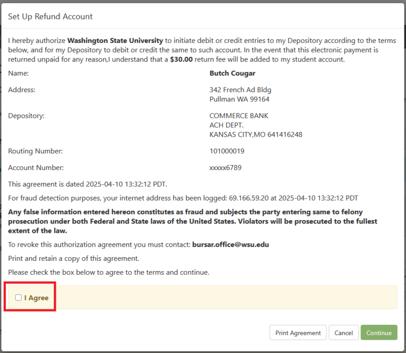 snapshot of set up account agreement