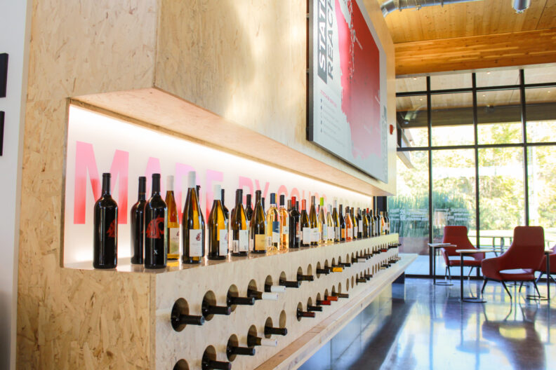 An image of the Cougar-connected wine display inside the Brelsford Washington State University Visitor Center in Pullman, Washington.