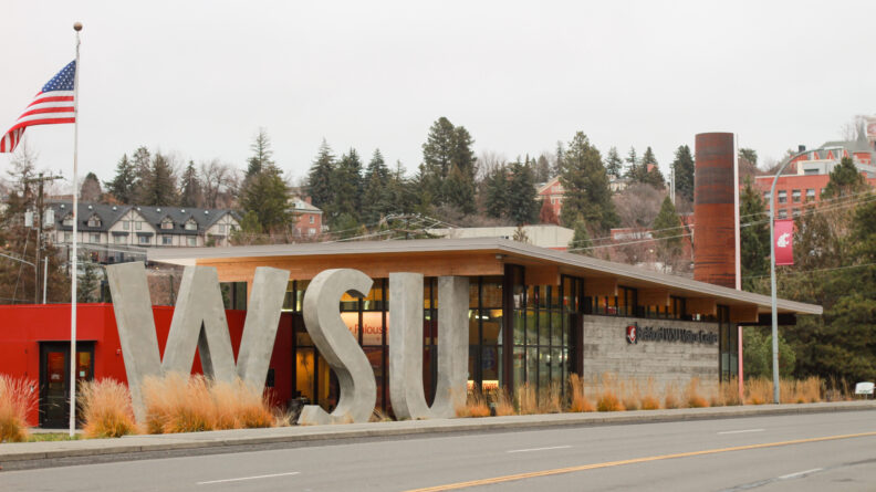 An image of the front exterior of the Brelsford Washington State University Visitor Center in Pullman, Washington.