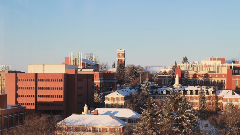 An image of the Washington State University Pullman covered in a dusting of snow.