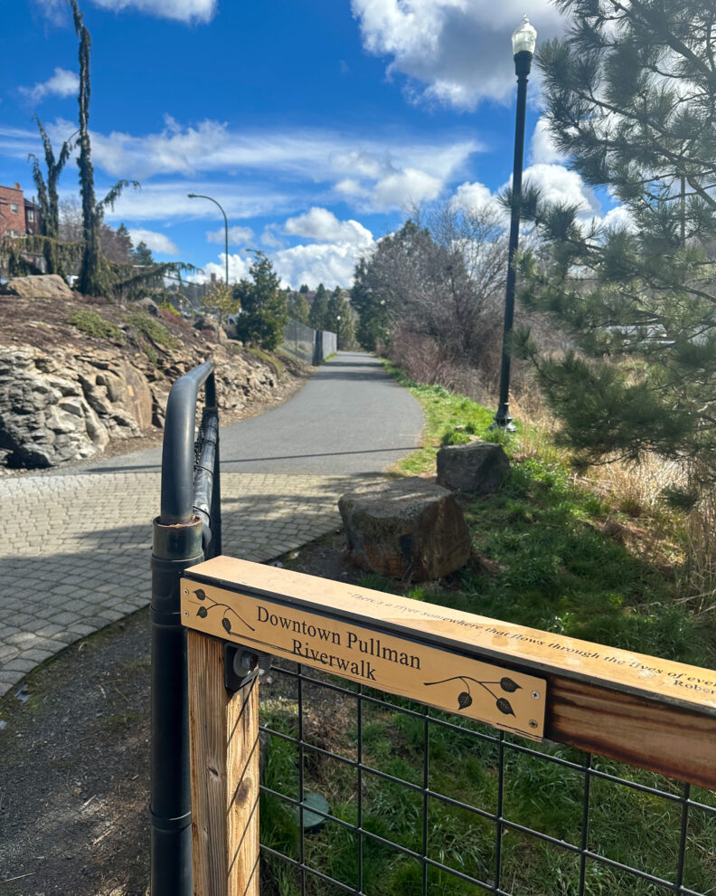 An image of the Downtown Pullman Riverwalk trail that runs along the South Fork Palouse River.