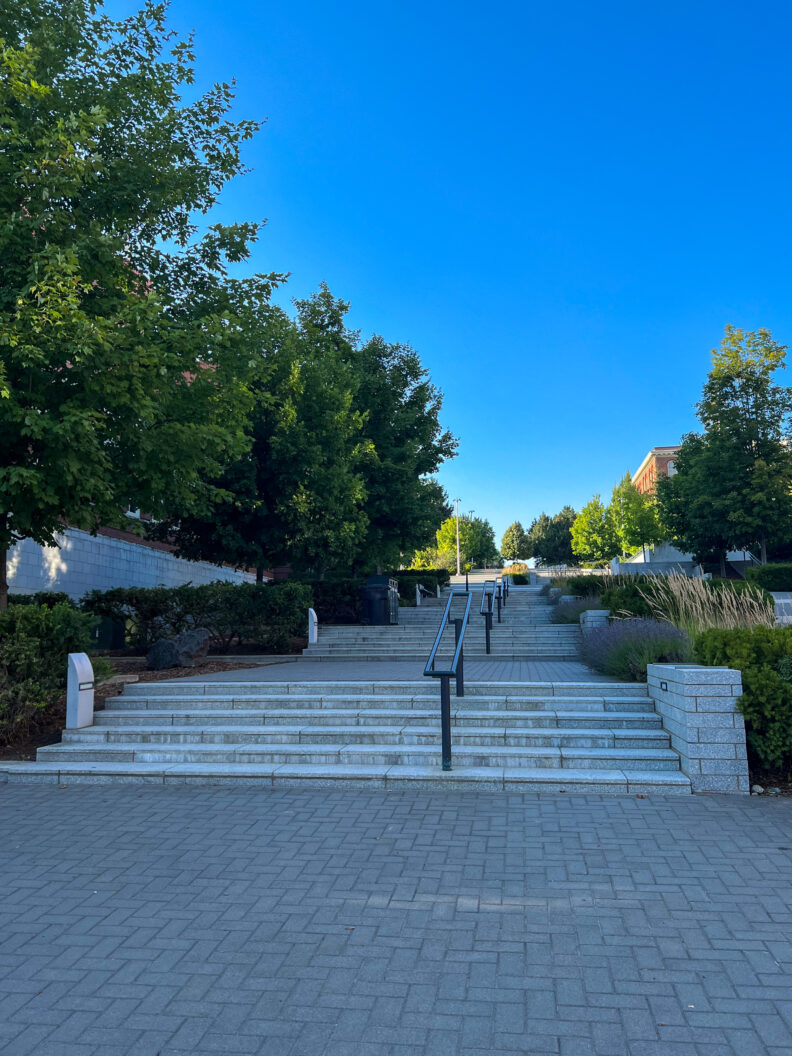 An image of stairs that run along Library Mall in the pedestrian-only core of the Washington State University Pullman campus.