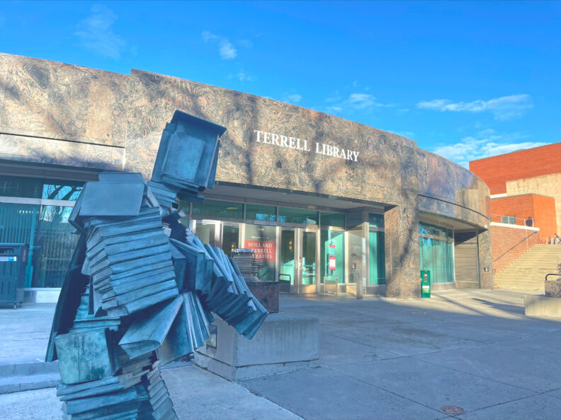 An image of the entrance to the Terrell Library on the Washington State University Pullman campus.