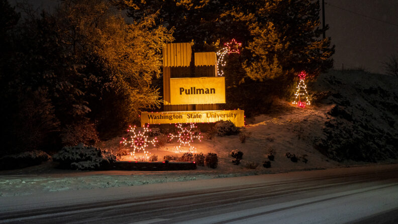 An image of an entry sign reading, "Pullman, Washington State University," located on Davis Way in Pullman, Washington, at night.
