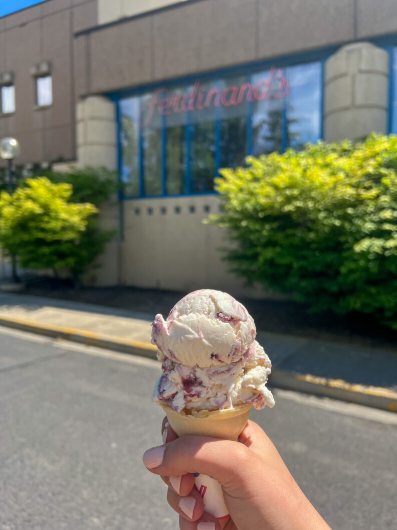 An image of an ice cream cone held outside Ferdinand's Ice Cream Shoppe at Washington State University Pullman.