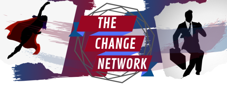 Decorative graphic depicting a super hero and secret agent and the title "The Change Network".