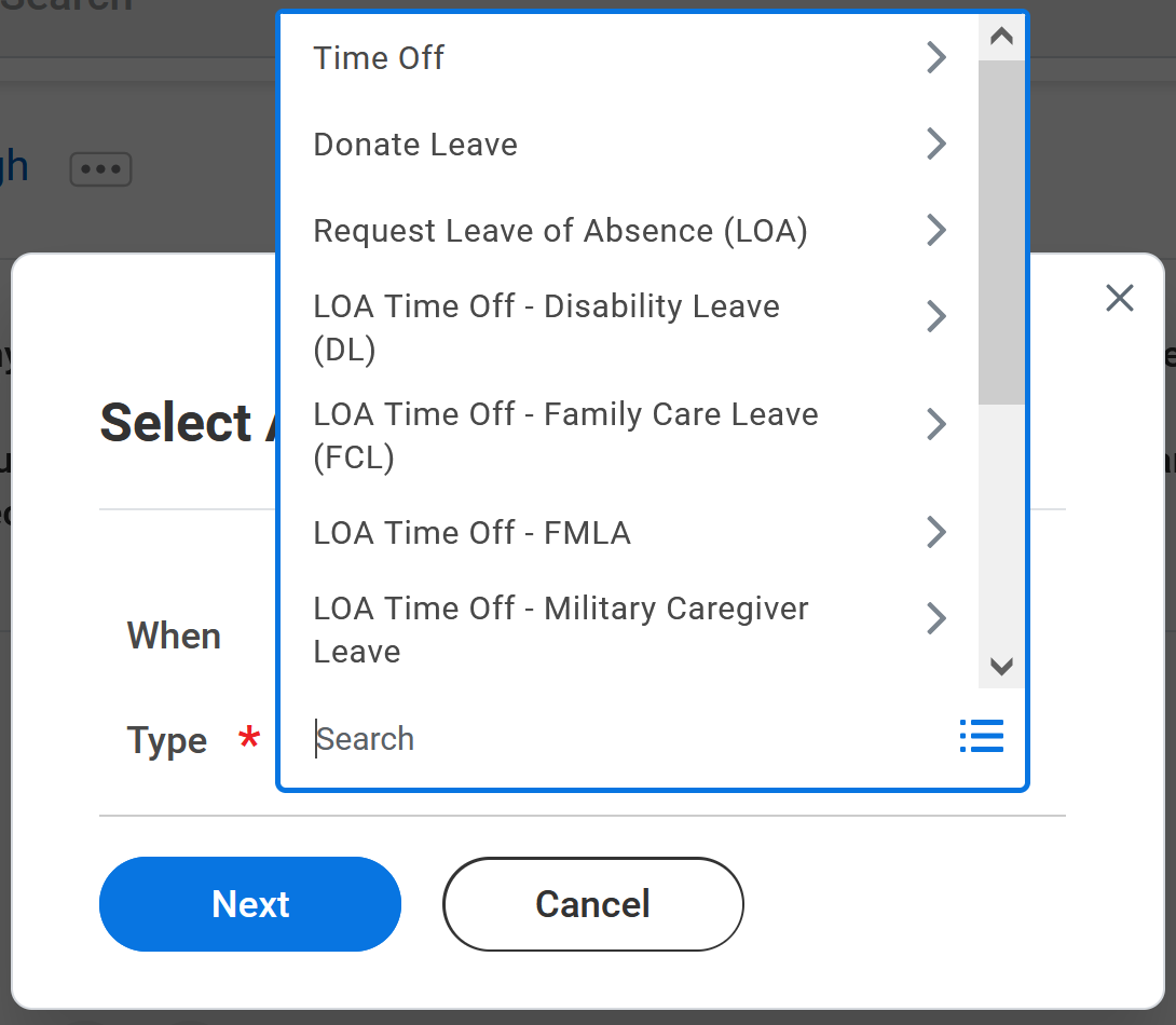 Screenshot showing some of the new Time off type folders in the Select Absence Type pop up