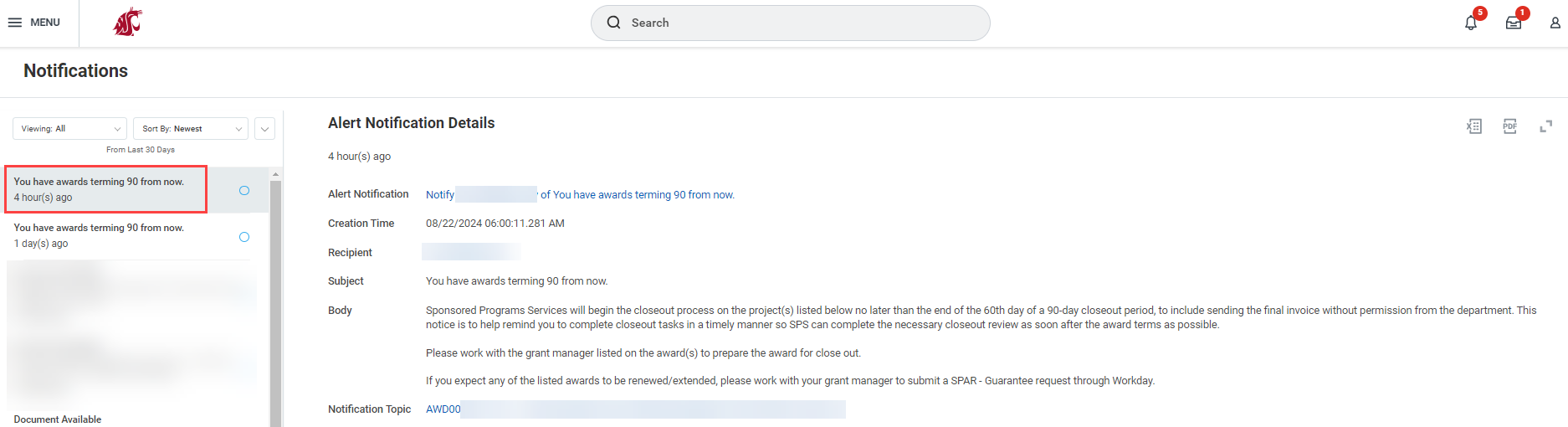 A screenshot of the Workday Notifications page with a 90 day award terming notification indicated by a red outline.