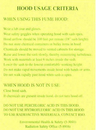 Sticker attached to fume hood describing hood usage criteria when using the fume hood and when not using the fume hood. 