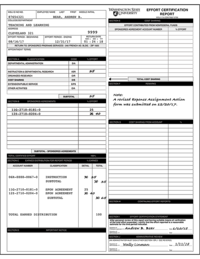 Effort certification report example showing change of "earned distribution"