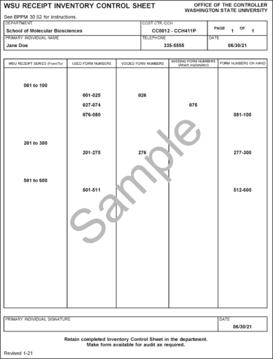 WSU Receipt Inventory Control Sheet sample