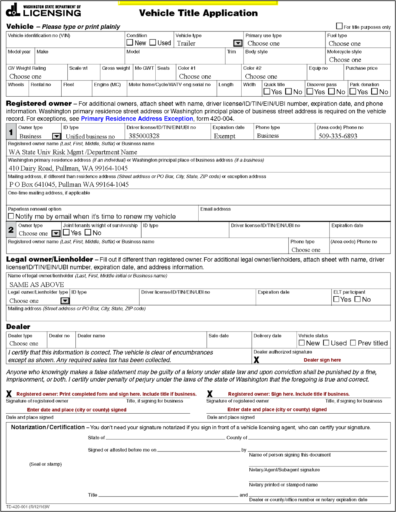Vehicle Title Application sample form