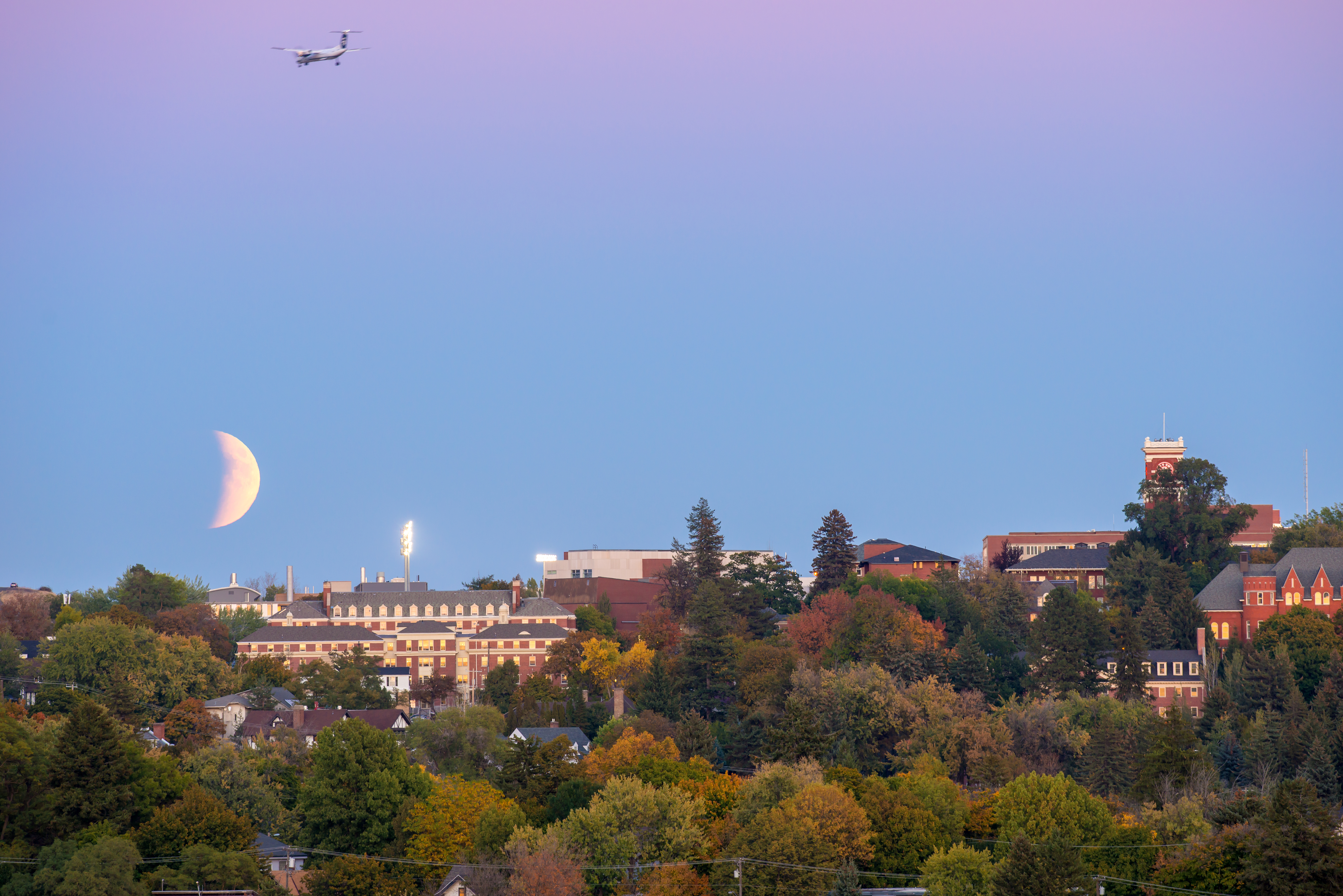 A skyline view of the Pullman Campus at sunset