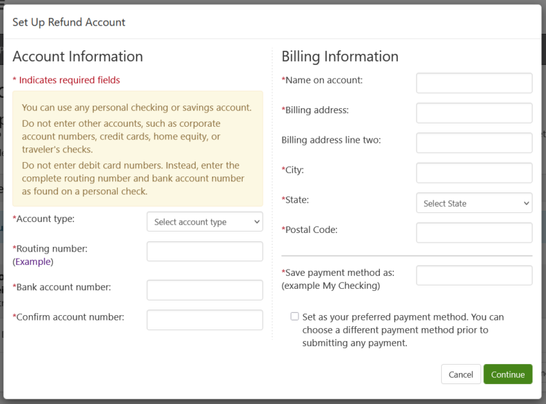 account setup page