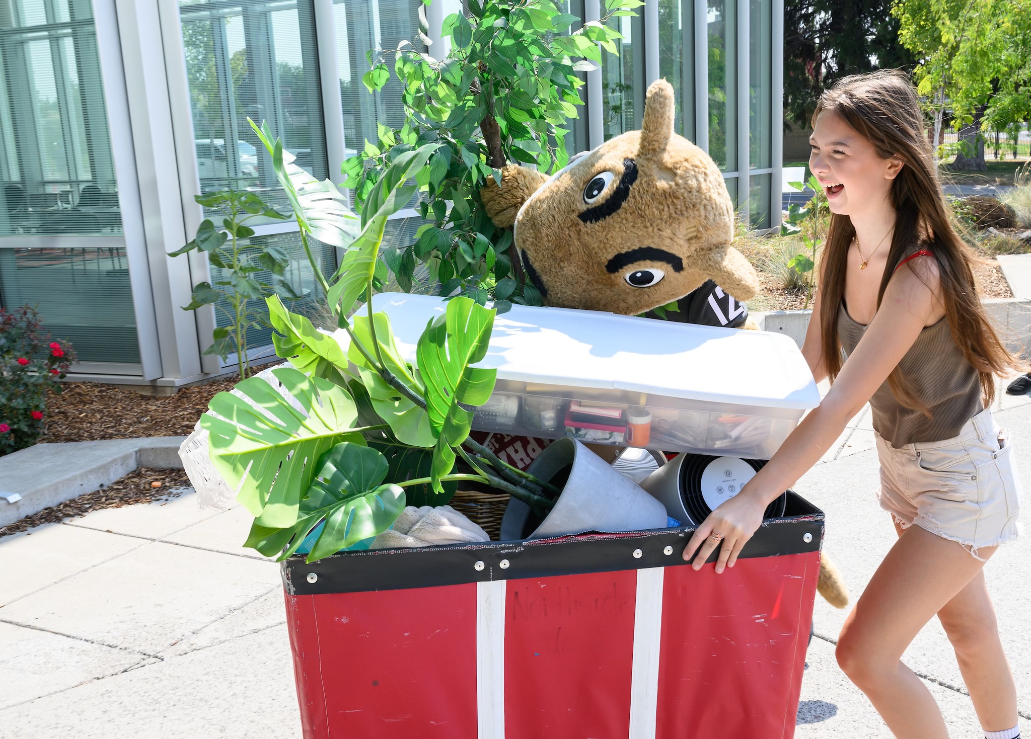 Butch T. Cougar helps a student push a cart of belongings to her new dorm.