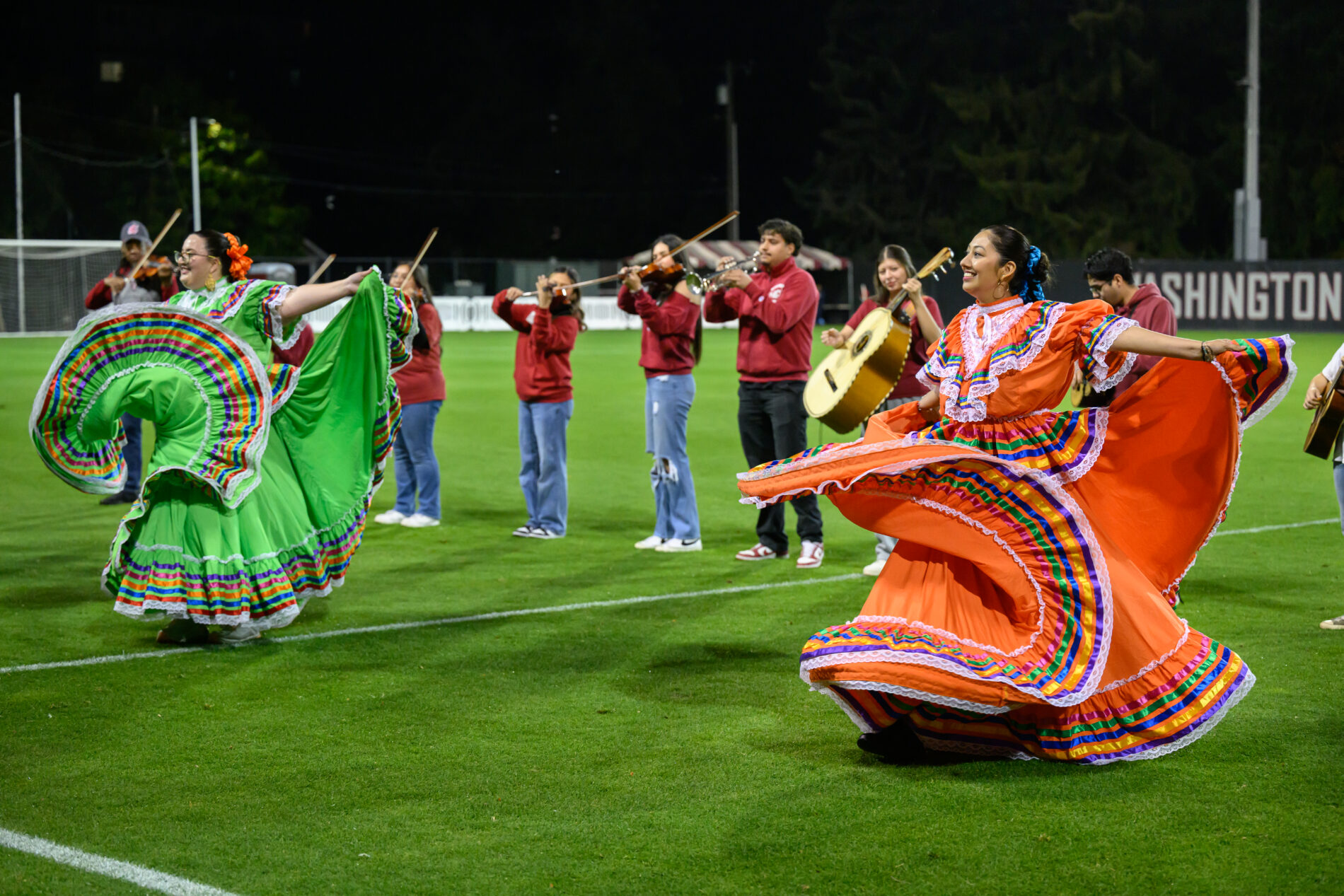 Members of Ballet Folklórico de WSU perform at halftime to the music provided by Mariachi Leones Del Monte during halftime.