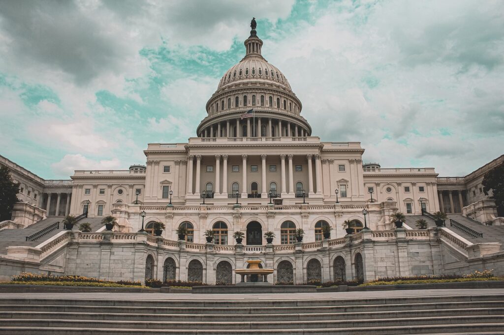 An exterior shot of the US Capitol building on an overcast day.