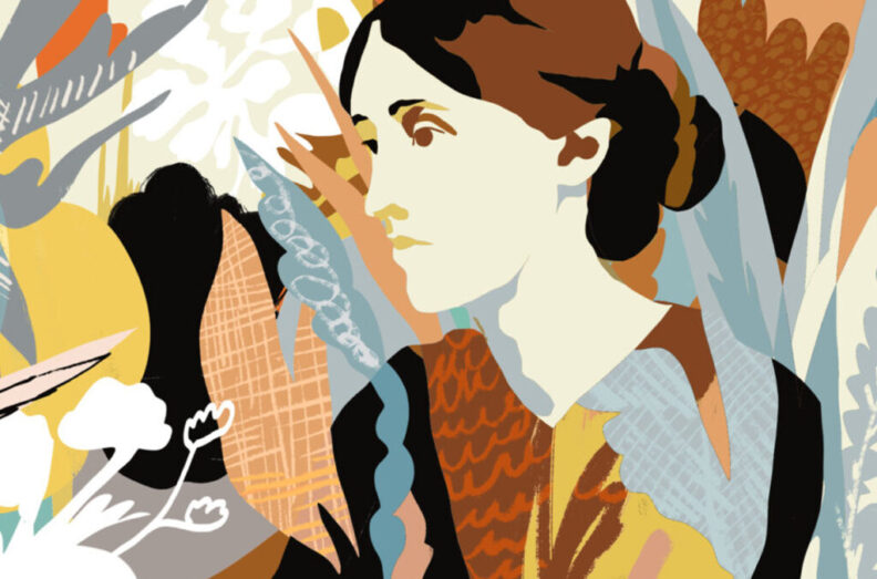 A cropped portion of the Virginia and Vanessa mural, celebrating the creative lives and lasting influence of Virginia Woolf and Vanessa Bell.