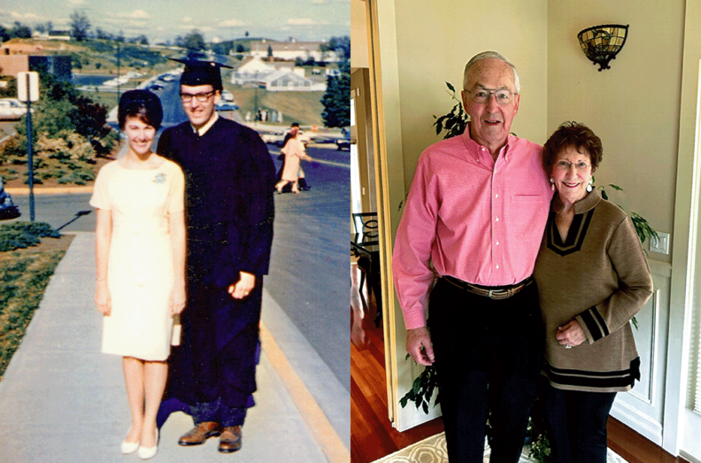 (Left) Marcia and Lonny Suko on the occasion of Lonny's WSU graduation taken near the Compton Union Building. (Right) Lonny and Marcia in their Yakima home