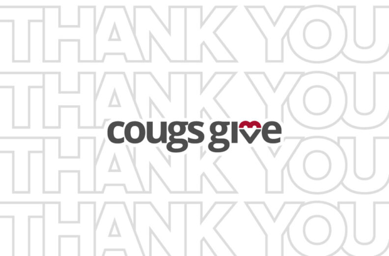 A CougsGive logo against a background with repeating "thank you" text.