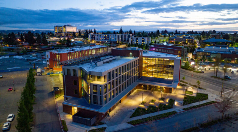 Aerial with a drone over the campus of Washington State University Everett