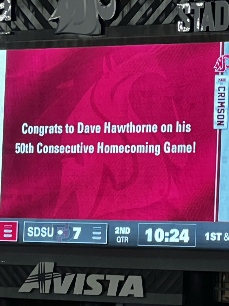A surprise scoreboard message honored David Hawthorne's 50th consecutive Homecoming game during a WSU football matchup at Gesa Field.