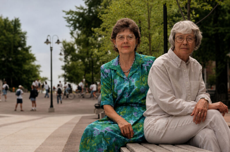 In a photo taken some time in the 1990s, Sue Durrant (left) and Jo Washburn pose on the Glenn Terrell Mall.