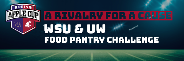 Boeing Apple Cup logo alongside the text “A Rivalry for a Cause: WSU & UW Food Pantry Challenge” over a football field background.