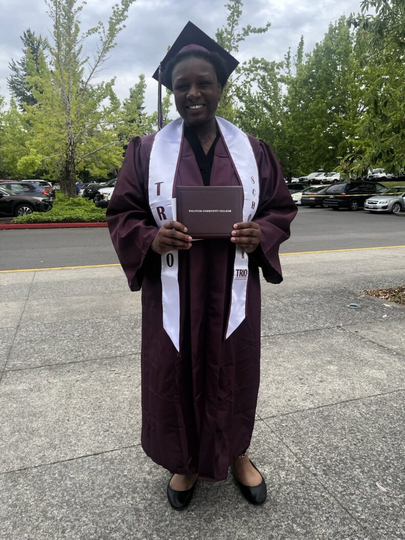 Photo of Myra Gorham-Bing in her cap and gown after earning an associate degree from Whatcom Community College