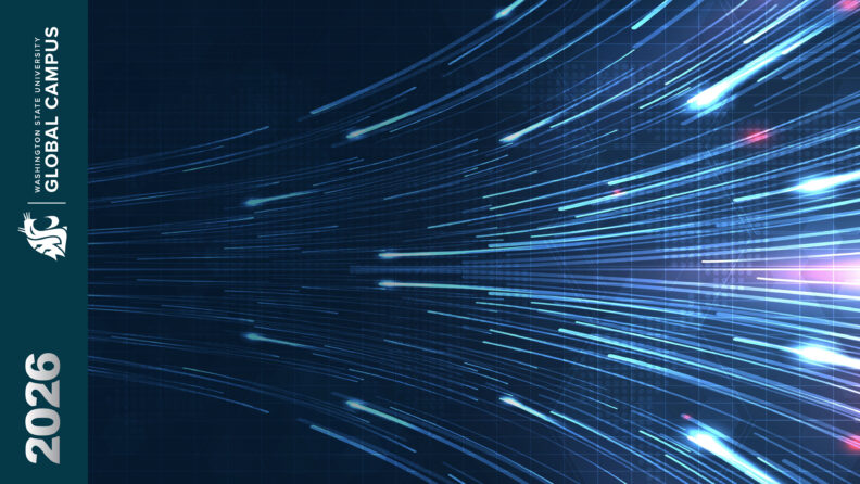 Blue streaks of light textured Zoom background with WSU Global Campus logo and 2026 sideways in blue bar on the lefthand side of the background.