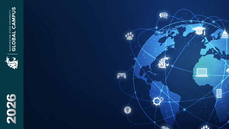 Blue glowing globe with icons Zoom background with WSU Global Campus logo and 2026 sideways in blue bar on the lefthand side of the background.
